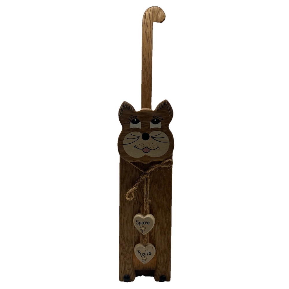 Vintage Handmade 80s Wood Cat Spare Toilet Paper Rolls Holder Cottagecore Granny